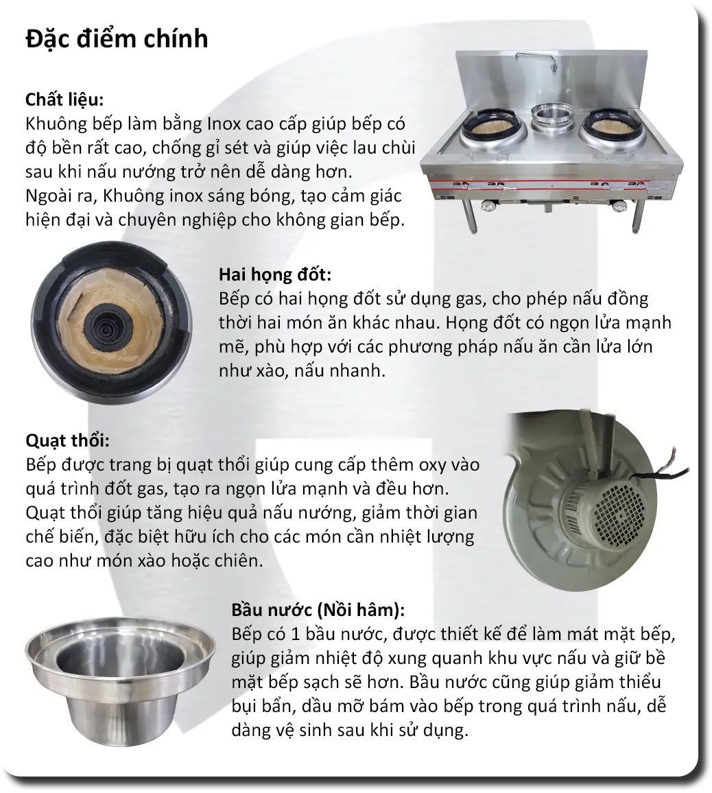 Bếp Á dùng Gas 2 họng đốt có 1 Nồi Hâm có quạt thổi