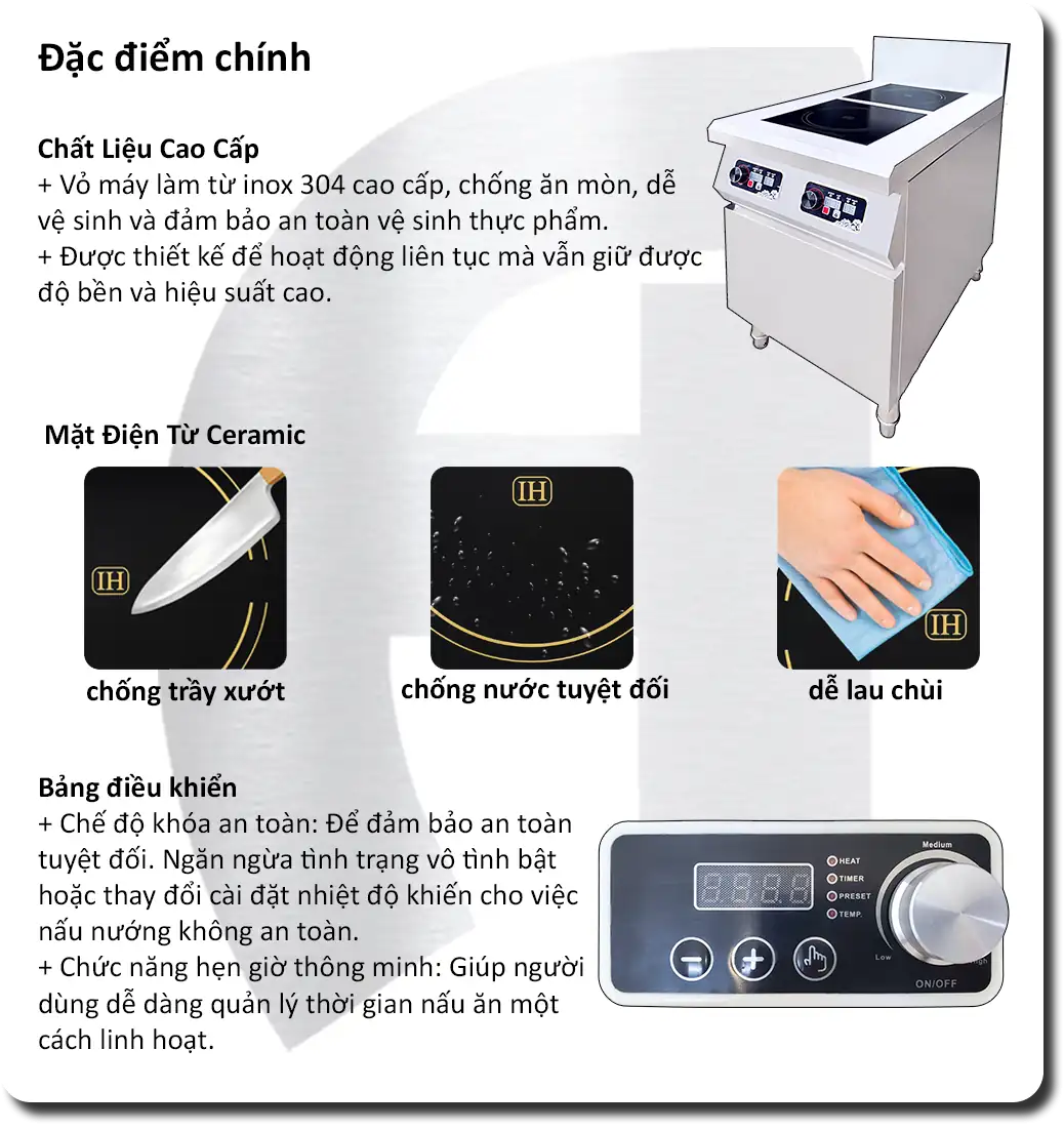 Bếp Âu 2 Họng Điện Từ 5kW có Tủ