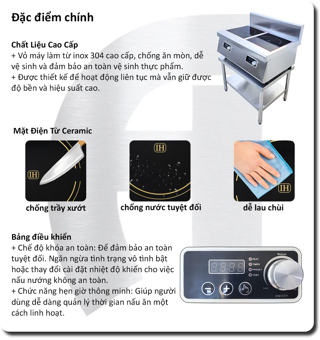 Bếp Âu 2 Họng Điện Từ 5kW (Ngang)