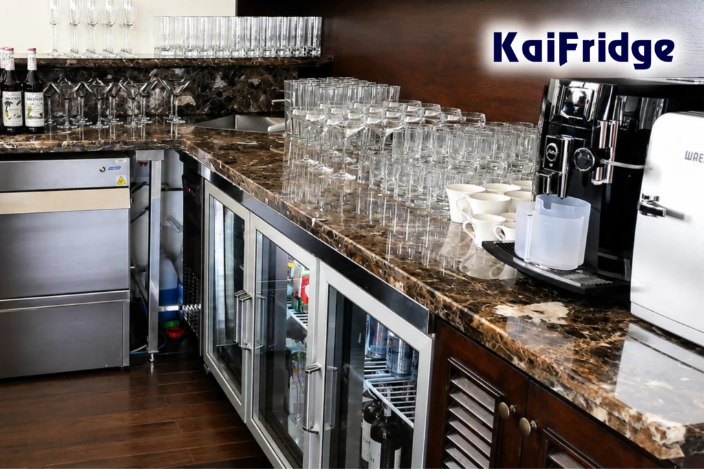 Bàn mát canh kính thực tế bảo quản tại quầy bar KaiFridge