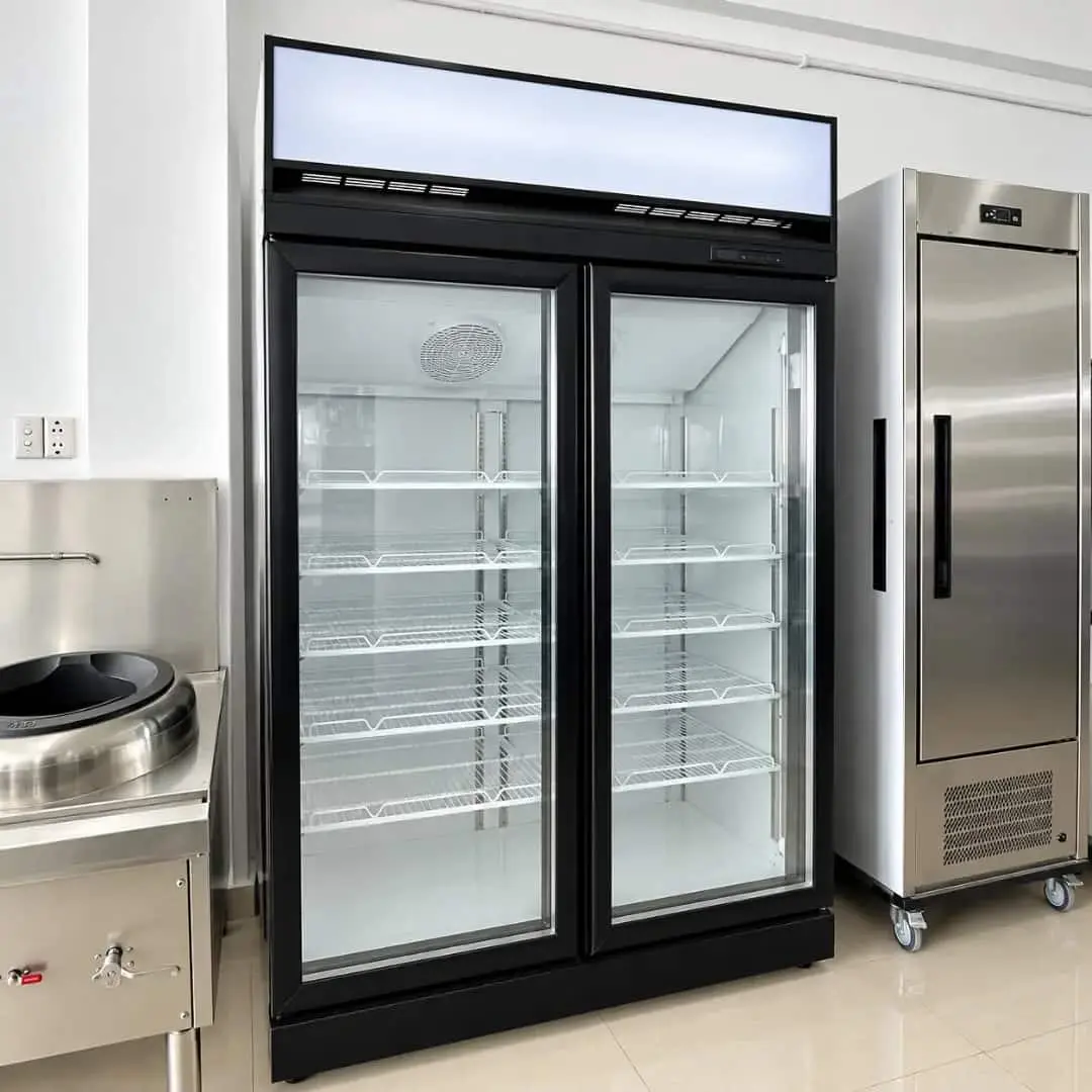 Hình ảnh tủ mát hai cửa kính với các kệ trưng bày
